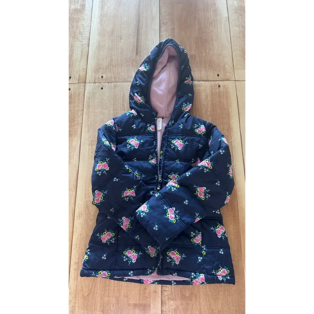 Faded Glory Girls Navy‎ Blue Floral Puffer Jacket Fleece Lined Hooded Size M 7-8